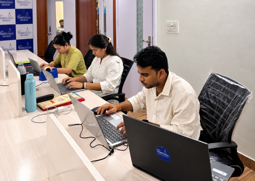 GharPadharo team members working on laptops at their office desks