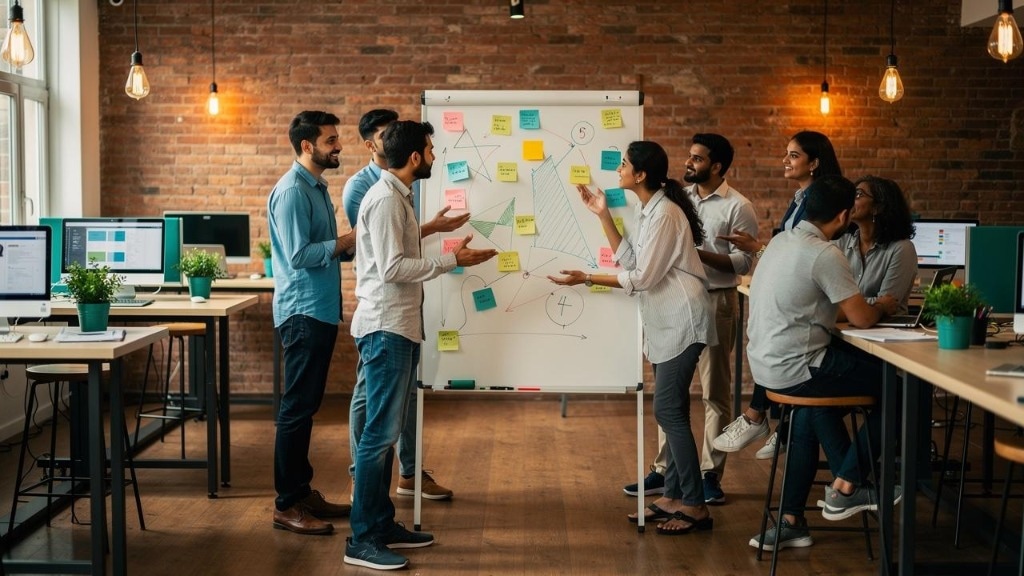 GharPadharo team collaborating around a whiteboard with sticky notes