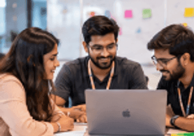 GharPadharo teammates discussing product ideas around a laptop